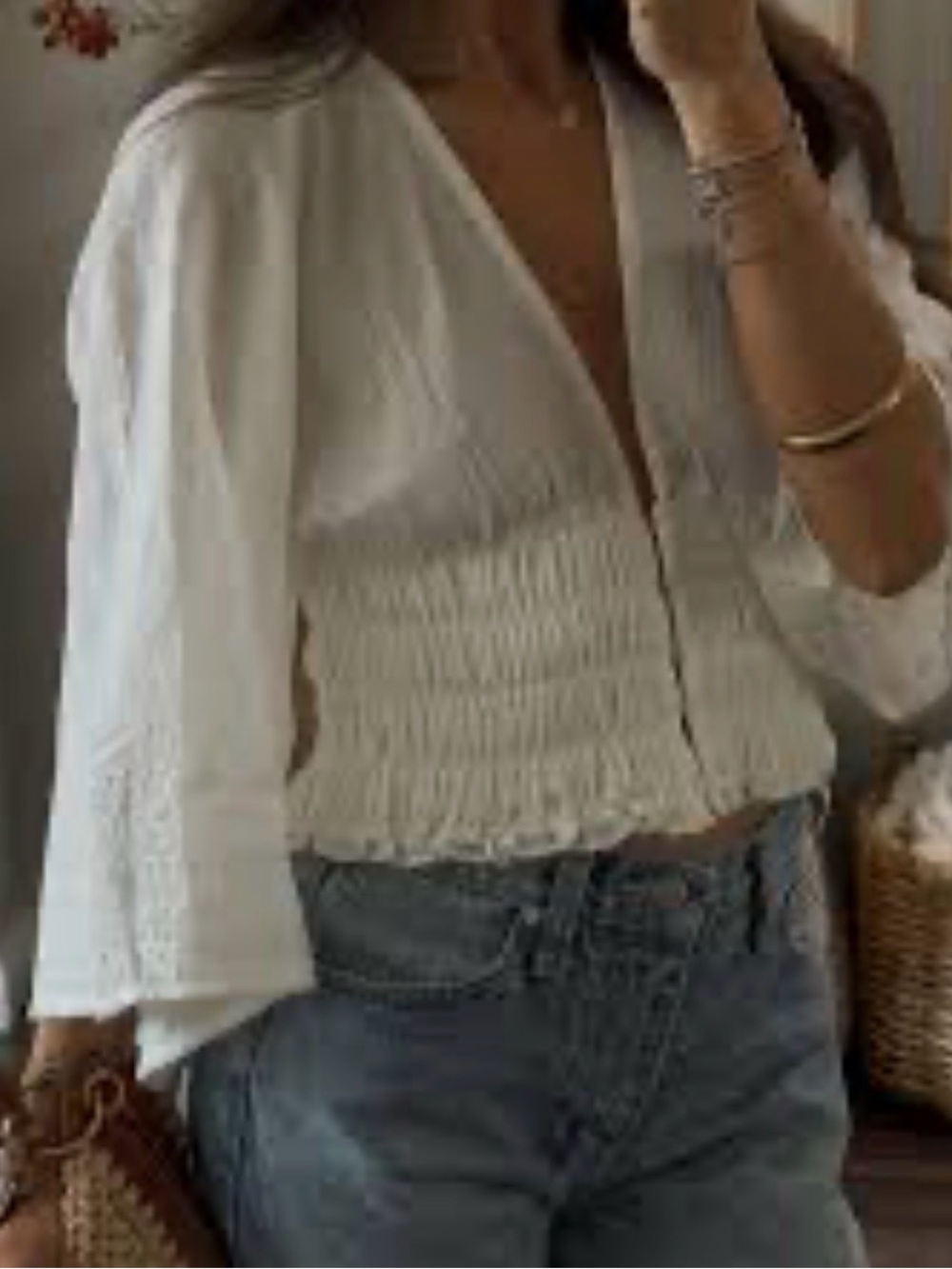 Free People White Smocked V-Neck Blouse